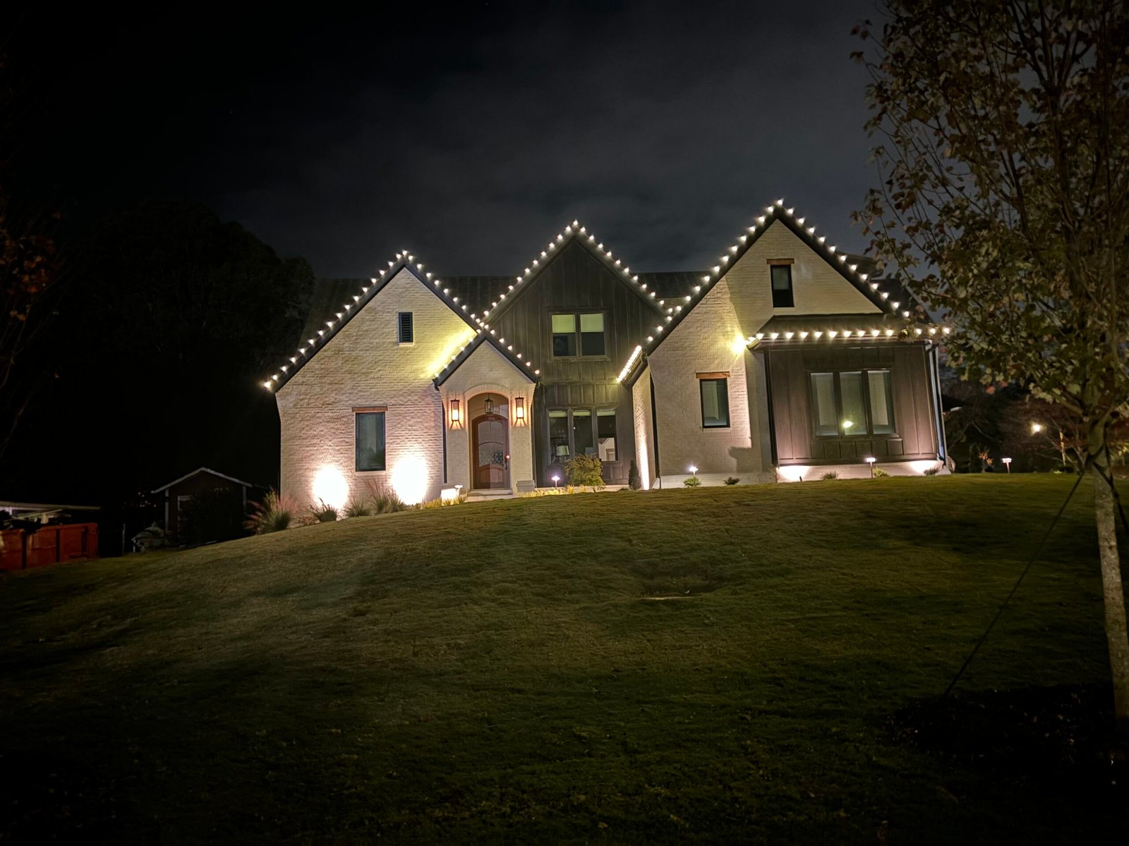 Completed Red Clay holiday lighting display at night